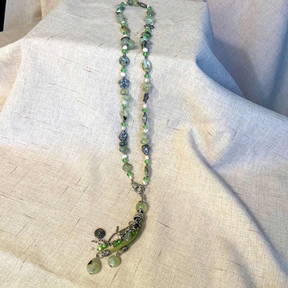 Jade and Pewter Beaded Necklace with detachable drop. Could wear as belt.